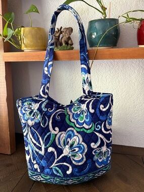 Vera Bradley Navy Blue Floral Quilted Tote with Teal & White Accents